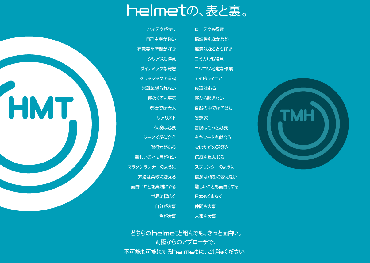 ヘルメットの、表と裏。どちらのhelmetと組んでも、きっと面白い。